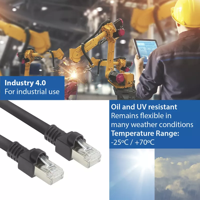 ACT juodas 10 metrų S/FTP CAT7 PUR lankstus komutacinis kabelis be užkibimų su RJ45 jungtimis (atitinka CAT6A)