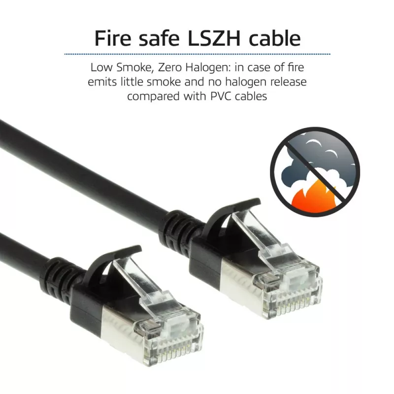 ACT juodas 10 metrų LSZH U/FTP CAT6A duomenų centro plonas komutacinis kabelis be užkabų su RJ45 jungtimis