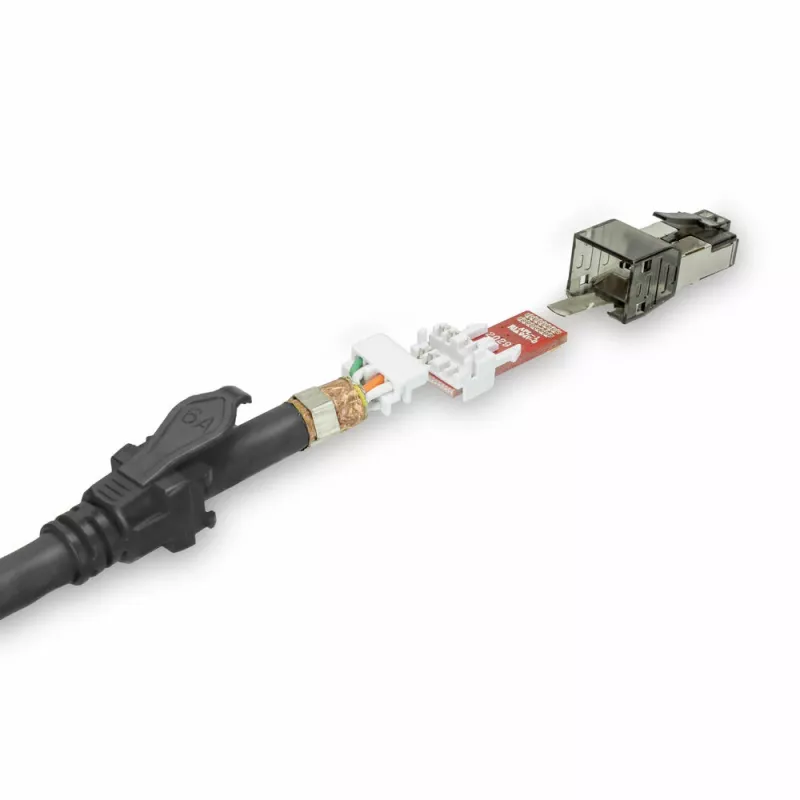 ACT Juoda 1 metro S/FTP CAT6A IDC 4PPoE / PoE++ 100W LSZH komutacinis kabelis su užsifiksuojančia apsauga, RJ45 jungtimis