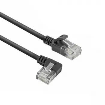 ACT juodas 1,5 metro U/UTP CAT6A LSZH plonas komutacinis kabelis su RJ45 jungtimis 90° kampuota kairėn į tiesią