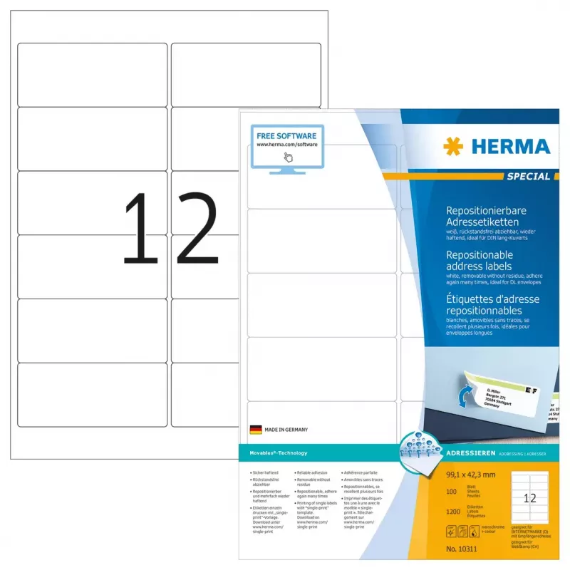 Adresų etiketės HERMA Repositionable A4 99,1x42,3 mm 1200 vnt.