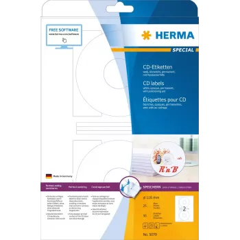 CD etiketės HERMA A4 Ø 116 mm baltas popierius matinis nepermatomas 50 vnt.