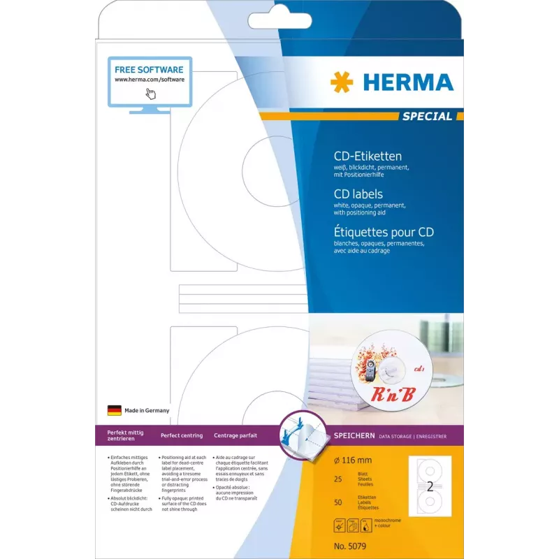 CD etiketės HERMA A4 Ø 116 mm baltas popierius matinis nepermatomas 50 vnt.