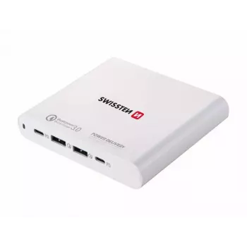 Kelioninis įkroviklis SWISSTEN SW-TCH-87W-PD30-QC30-W — 87W, PD 3.0, QC 3.0, išmaniesiems telefonams ir nešiojamiesiems kompiuteriams