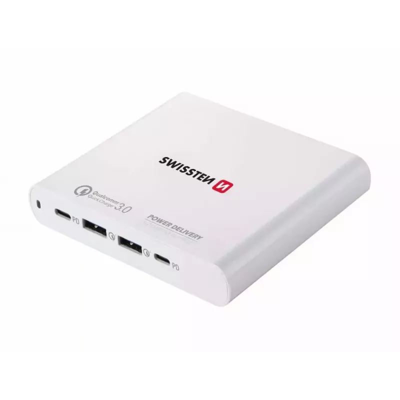Kelioninis įkroviklis SWISSTEN SW-TCH-87W-PD30-QC30-W — 87W, PD 3.0, QC 3.0, išmaniesiems telefonams ir nešiojamiesiems kompiuteriams