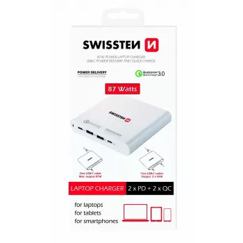 Kelioninis įkroviklis SWISSTEN SW-TCH-87W-PD30-QC30-W — 87W, PD 3.0, QC 3.0, išmaniesiems telefonams ir nešiojamiesiems kompiuteriams