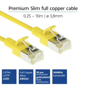 ACT geltonas 0,25 metro LSZH U/FTP CAT6A duomenų centro plonas komutacinis kabelis su RJ45 jungtimis