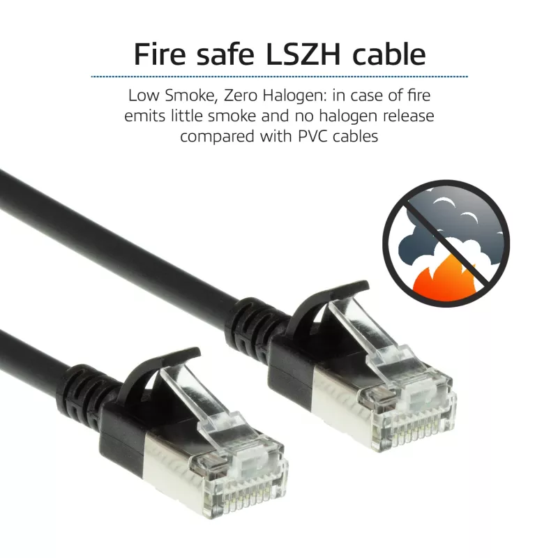 ACT juodas 5 metrų LSZH U/FTP CAT6A duomenų centro plonas komutacinis kabelis be užkliuvimo su RJ45 jungtimis