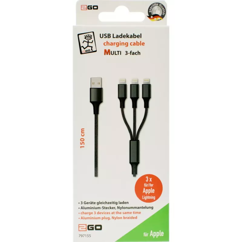 „Lightning“ laidas 2GO 797155 1,5 m juodas USB B USB C Micro-USB B