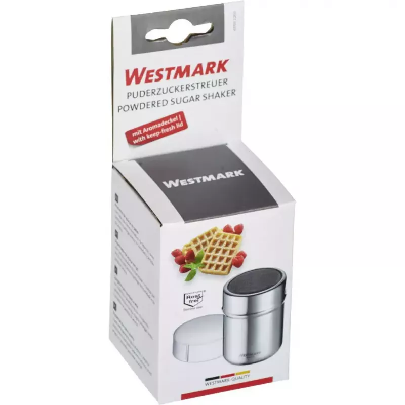 Cukrinė Westmark 69502260 — apvalus nerūdijančio plieno korpusas su polipropileno komponentais, 62×62×82 mm