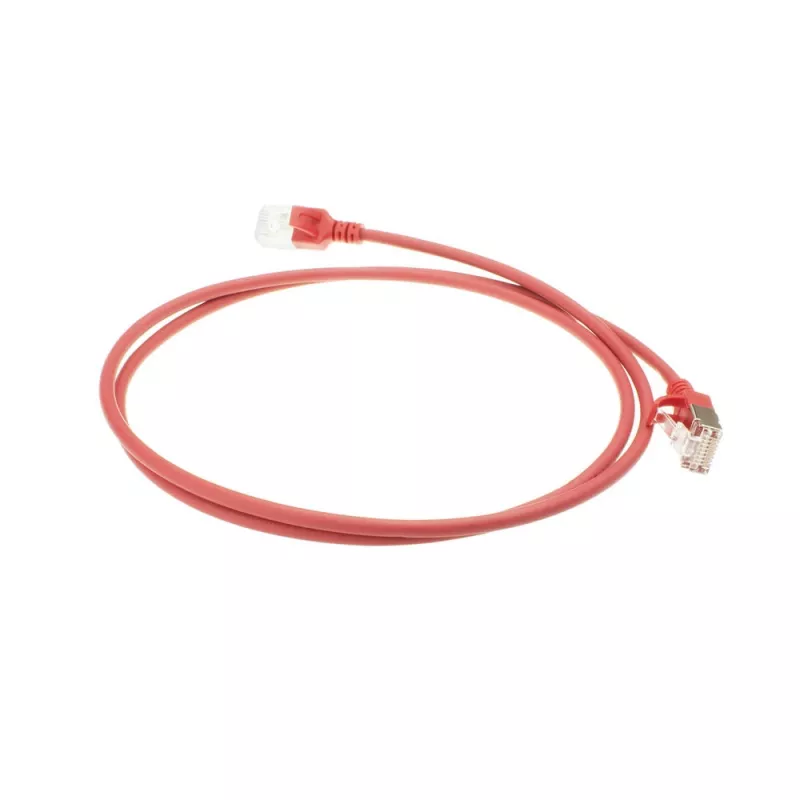 ACT raudonas 10 metrų LSZH U/FTP CAT6A duomenų centro plonas pataisų kabelis su RJ45 jungtimis be užkabinimų