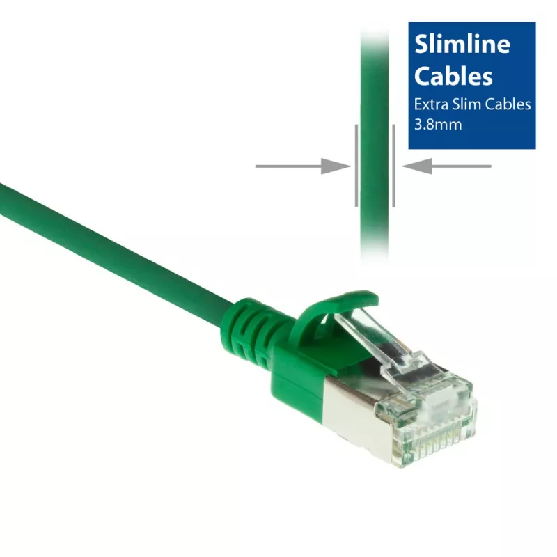 ACT žalias 10 metrų LSZH U/FTP CAT6A duomenų centro plonas pataisymo kabelis be užkibimo su RJ45 jungtimis