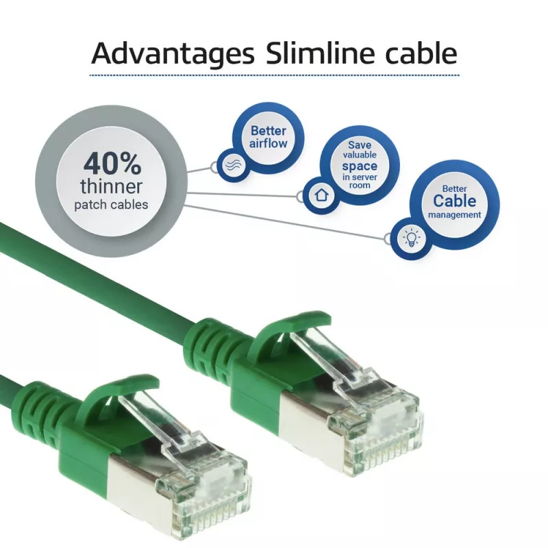 ACT žalias 10 metrų LSZH U/FTP CAT6A duomenų centro plonas pataisymo kabelis be užkibimo su RJ45 jungtimis