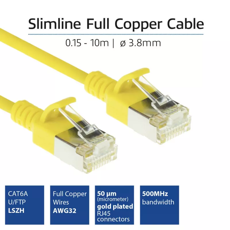 ACT geltonas 7 m LSZH U/FTP CAT6A duomenų centro plonas komutacinis kabelis be užsikabinimų su RJ45 jungtimis
