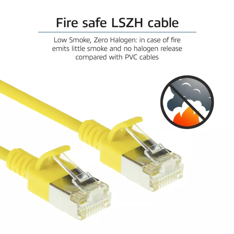 ACT geltonas 7 m LSZH U/FTP CAT6A duomenų centro plonas komutacinis kabelis be užsikabinimų su RJ45 jungtimis