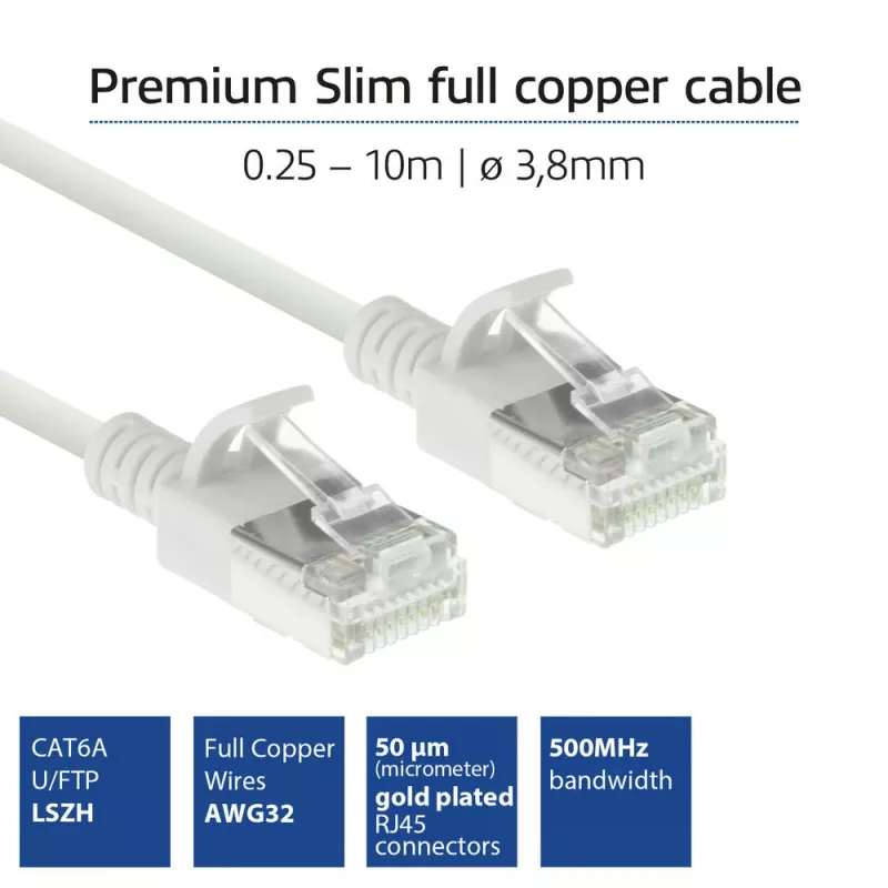 ACT baltas 2 m LSZH U/FTP CAT6A duomenų centro plonas komutacinis kabelis be užkabinimo su RJ45 jungtimis