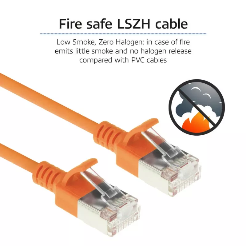 ACT oranžinis 10 metrų LSZH U/FTP CAT6A duomenų centro plonas komutacinis kabelis be užsikabinimo su RJ45 jungtimis