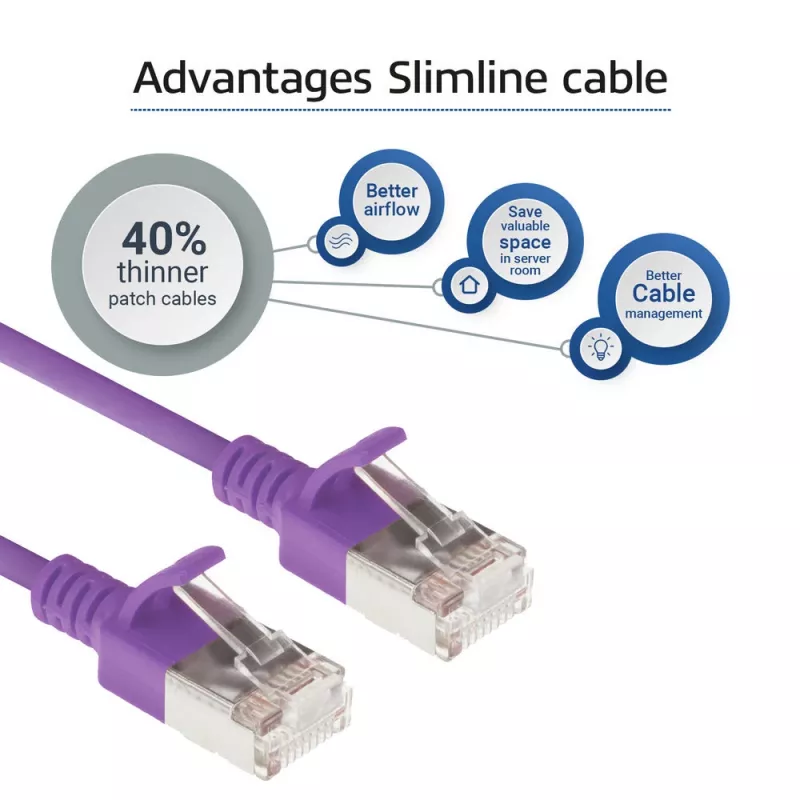 ACT Purple 0,5 m LSZH U/FTP CAT6A duomenų centro plonas komutacinis kabelis su nesikabinančiomis RJ45 jungtimis