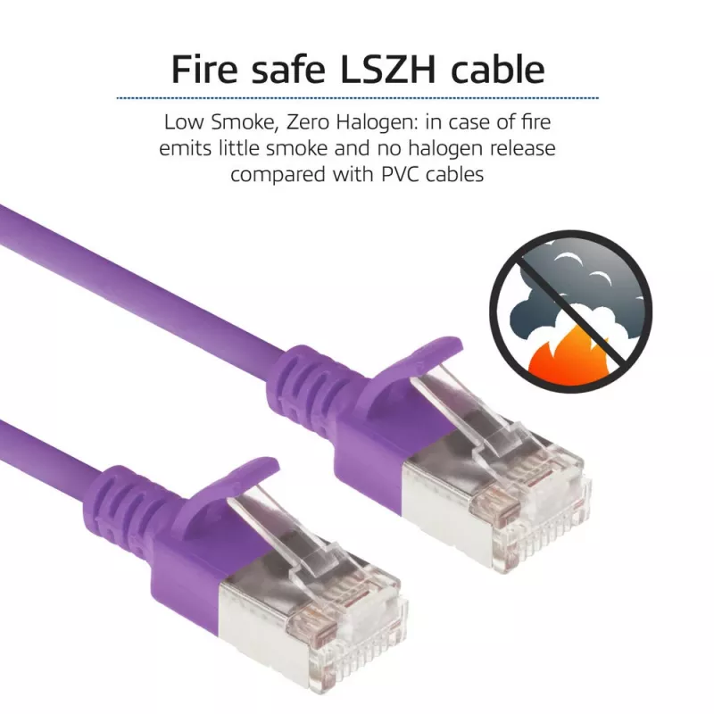 ACT Purple 0,5 m LSZH U/FTP CAT6A duomenų centro plonas komutacinis kabelis su nesikabinančiomis RJ45 jungtimis