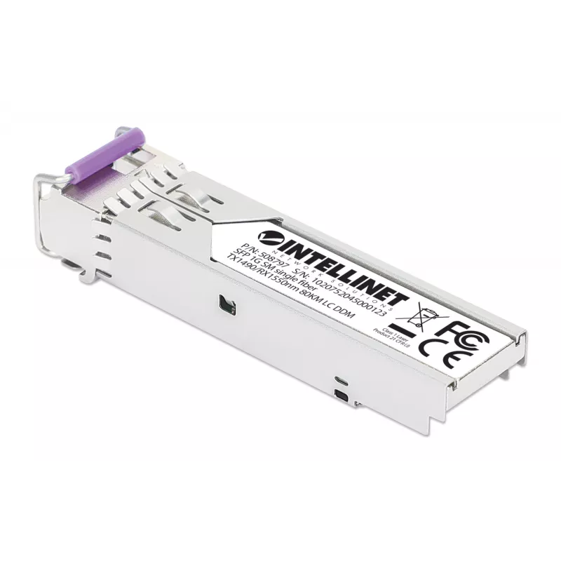 Intellinet Gigabit Fiber WDM Bi-Directional SFP Optical siųstuvas-imtuvas Module 1000Base-BX-U (LC) Single-Mode Port, 80 km (50 mi.), BiDi WDM (RX1550/TX1490), MSA-compliant for Maximum Compatibility, Sidabrinė