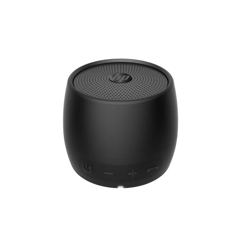 HP Juoda Bluetooth Speaker 360, laidinė ir belaidė, mono nešiojama kolonėlė, juoda, cilindro formos, mygtukai, universali