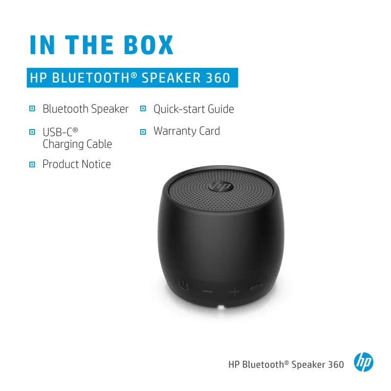 HP Juoda Bluetooth Speaker 360, laidinė ir belaidė, mono nešiojama kolonėlė, juoda, cilindro formos, mygtukai, universali