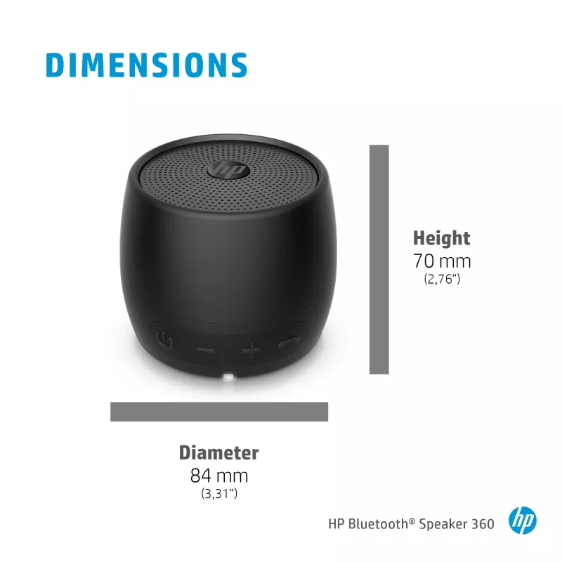 HP Juoda Bluetooth Speaker 360, laidinė ir belaidė, mono nešiojama kolonėlė, juoda, cilindro formos, mygtukai, universali