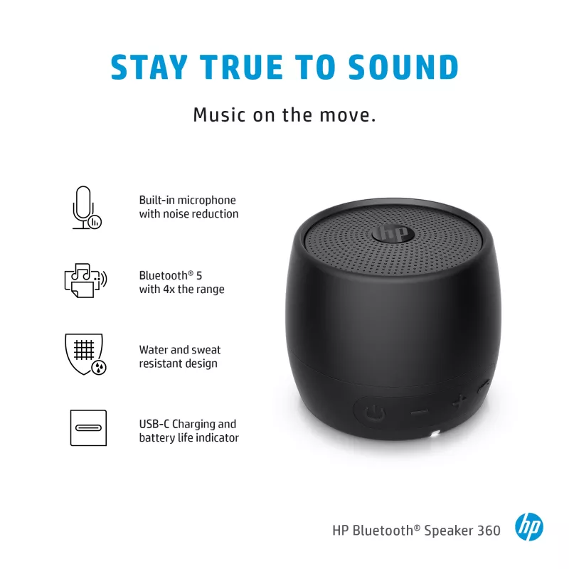 HP Juoda Bluetooth Speaker 360, laidinė ir belaidė, mono nešiojama kolonėlė, juoda, cilindro formos, mygtukai, universali