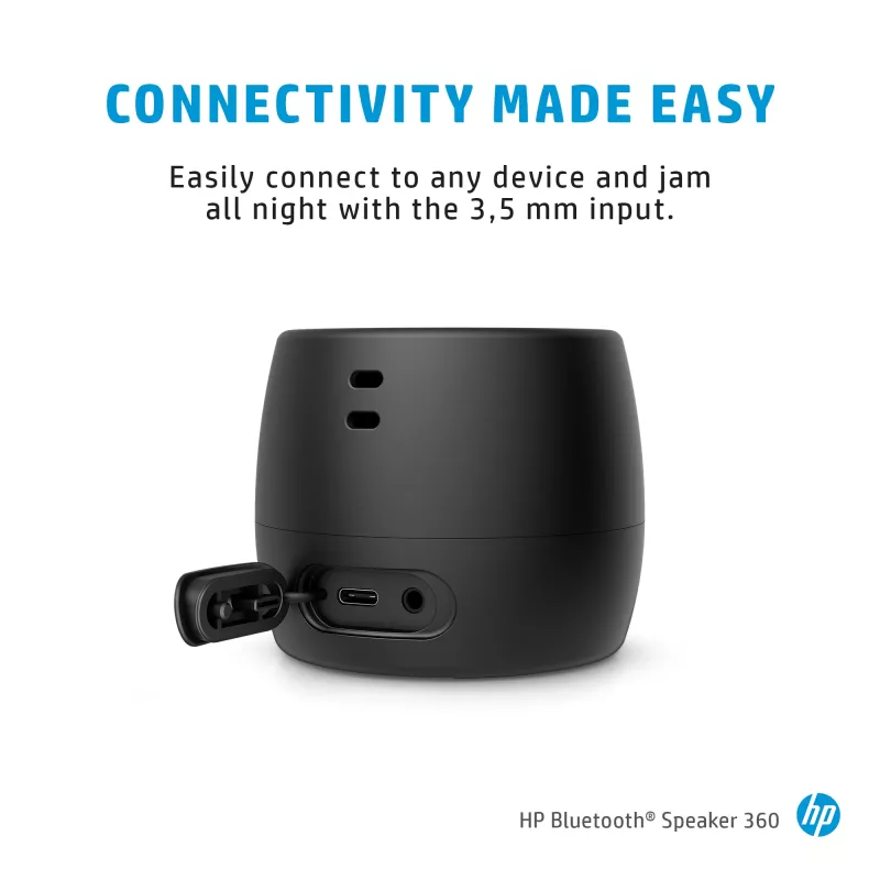 HP Juoda Bluetooth Speaker 360, laidinė ir belaidė, mono nešiojama kolonėlė, juoda, cilindro formos, mygtukai, universali
