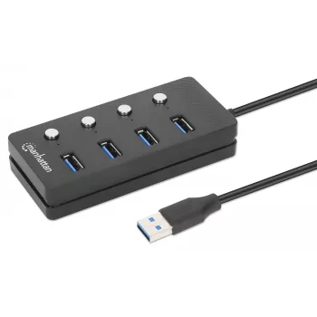 Manhattan USB-C dokas / stotelė, prievadai (x4) su kiekvieno prievado įjungimo / išjungimo jungikliu: USB-A (x4), 5 Gbps (USB 3.2 Gen1, anksčiau USB 3.0), universalus visiems įrenginiams, maitinamas per magistralę arba kintamosios srovės adapteriu (pasirenkamas lizdas, nepridedamas), kabelis 1,5 m, SuperSpeed USB, juodas, trejų metų garantija