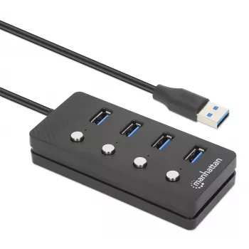 Manhattan USB-C dokas / stotelė, prievadai (x4) su kiekvieno prievado įjungimo / išjungimo jungikliu: USB-A (x4), 5 Gbps (USB 3.2 Gen1, anksčiau USB 3.0), universalus visiems įrenginiams, maitinamas per magistralę arba kintamosios srovės adapteriu (pasirenkamas lizdas, nepridedamas), kabelis 1,5 m, SuperSpeed USB, juodas, trejų metų garantija