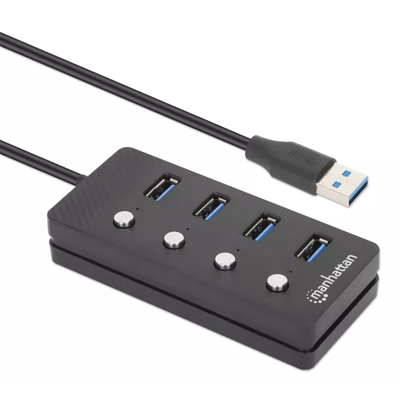 Manhattan USB-C dokas / stotelė, prievadai (x4) su kiekvieno prievado įjungimo / išjungimo jungikliu: USB-A (x4), 5 Gbps (USB 3.2 Gen1, anksčiau USB 3.0), universalus visiems įrenginiams, maitinamas per magistralę arba kintamosios srovės adapteriu (pasirenkamas lizdas, nepridedamas), kabelis 1,5 m, SuperSpeed USB, juodas, trejų metų garantija