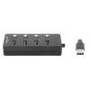 Manhattan USB-C dokas / stotelė, prievadai (x4) su kiekvieno prievado įjungimo / išjungimo jungikliu: USB-A (x4), 5 Gbps (USB 3.2 Gen1, anksčiau USB 3.0), universalus visiems įrenginiams, maitinamas per magistralę arba kintamosios srovės adapteriu (pasirenkamas lizdas, nepridedamas), kabelis 1,5 m, SuperSpeed USB, juodas, trejų metų garantija