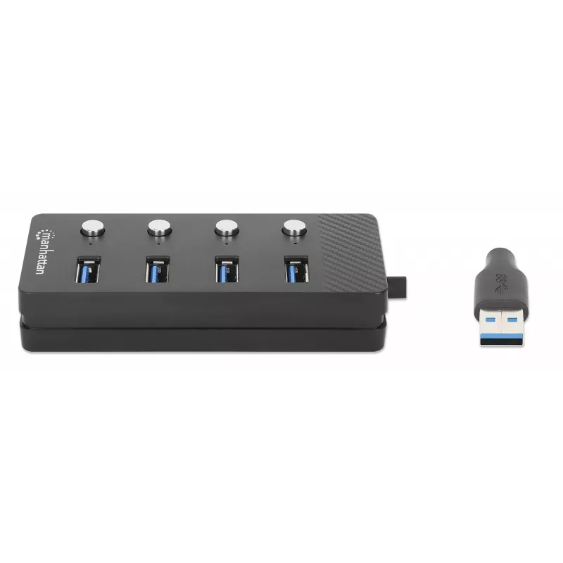 Manhattan USB-C dokas / stotelė, prievadai (x4) su kiekvieno prievado įjungimo / išjungimo jungikliu: USB-A (x4), 5 Gbps (USB 3.2 Gen1, anksčiau USB 3.0), universalus visiems įrenginiams, maitinamas per magistralę arba kintamosios srovės adapteriu (pasirenkamas lizdas, nepridedamas), kabelis 1,5 m, SuperSpeed USB, juodas, trejų metų garantija