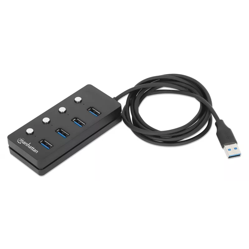 Manhattan USB-C dokas / stotelė, prievadai (x4) su kiekvieno prievado įjungimo / išjungimo jungikliu: USB-A (x4), 5 Gbps (USB 3.2 Gen1, anksčiau USB 3.0), universalus visiems įrenginiams, maitinamas per magistralę arba kintamosios srovės adapteriu (pasirenkamas lizdas, nepridedamas), kabelis 1,5 m, SuperSpeed USB, juodas, trejų metų garantija