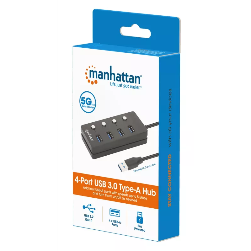 Manhattan USB-C dokas / stotelė, prievadai (x4) su kiekvieno prievado įjungimo / išjungimo jungikliu: USB-A (x4), 5 Gbps (USB 3.2 Gen1, anksčiau USB 3.0), universalus visiems įrenginiams, maitinamas per magistralę arba kintamosios srovės adapteriu (pasirenkamas lizdas, nepridedamas), kabelis 1,5 m, SuperSpeed USB, juodas, trejų metų garantija