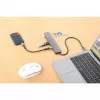 Manhattan USB-C dokas / šakotuvas, prievadai (7 vnt.): USB-A (3 vnt.) ir USB-C (4 vnt.), su Power Delivery (PD) 100 W – reikalingas išorinis USB-C įkroviklis (nepridedamas). Maitinamas per USB (nereikia išorinio maitinimo šaltinio), kai PD nenaudojamas, aliuminis