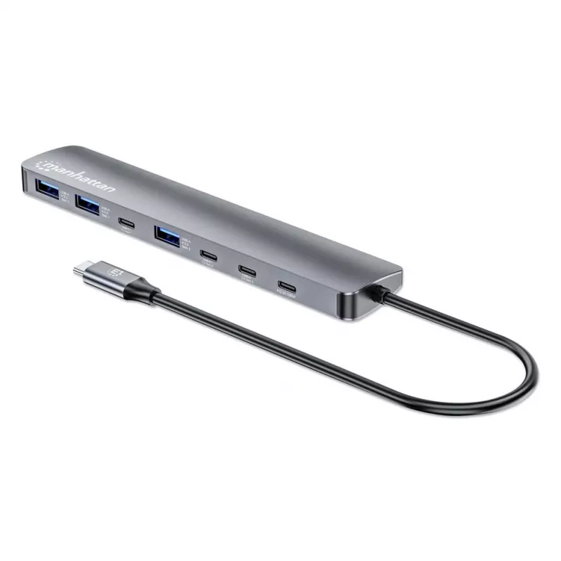 Manhattan USB-C dokas / šakotuvas, prievadai (7 vnt.): USB-A (3 vnt.) ir USB-C (4 vnt.), su Power Delivery (PD) 100 W – reikalingas išorinis USB-C įkroviklis (nepridedamas). Maitinamas per USB (nereikia išorinio maitinimo šaltinio), kai PD nenaudojamas, aliuminis