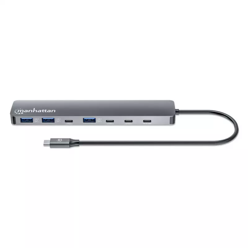 Manhattan USB-C dokas / šakotuvas, prievadai (7 vnt.): USB-A (3 vnt.) ir USB-C (4 vnt.), su Power Delivery (PD) 100 W – reikalingas išorinis USB-C įkroviklis (nepridedamas). Maitinamas per USB (nereikia išorinio maitinimo šaltinio), kai PD nenaudojamas, aliuminis