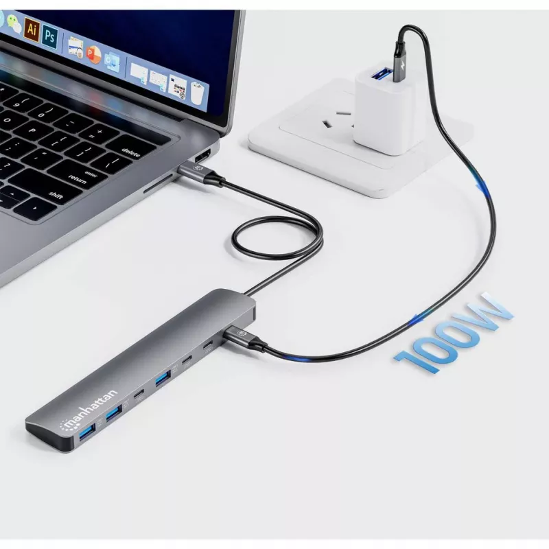 Manhattan USB-C dokas / šakotuvas, prievadai (7 vnt.): USB-A (3 vnt.) ir USB-C (4 vnt.), su Power Delivery (PD) 100 W – reikalingas išorinis USB-C įkroviklis (nepridedamas). Maitinamas per USB (nereikia išorinio maitinimo šaltinio), kai PD nenaudojamas, aliuminis