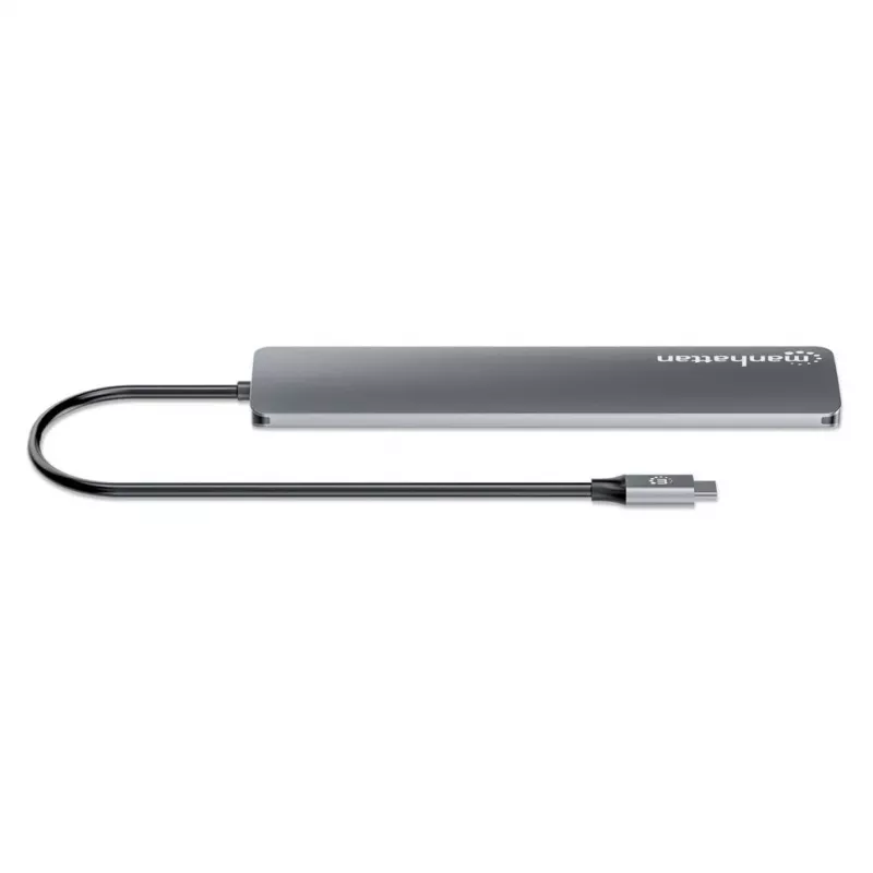 Manhattan USB-C dokas / šakotuvas, prievadai (7 vnt.): USB-A (3 vnt.) ir USB-C (4 vnt.), su Power Delivery (PD) 100 W – reikalingas išorinis USB-C įkroviklis (nepridedamas). Maitinamas per USB (nereikia išorinio maitinimo šaltinio), kai PD nenaudojamas, aliuminis