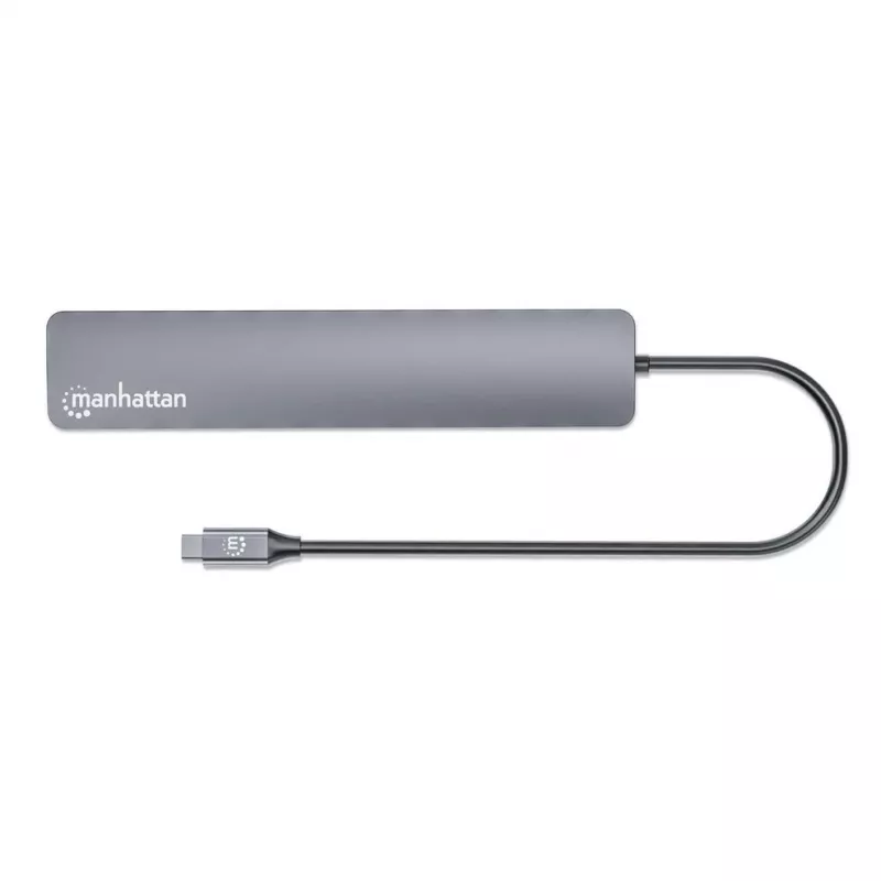 Manhattan USB-C dokas / šakotuvas, prievadai (7 vnt.): USB-A (3 vnt.) ir USB-C (4 vnt.), su Power Delivery (PD) 100 W – reikalingas išorinis USB-C įkroviklis (nepridedamas). Maitinamas per USB (nereikia išorinio maitinimo šaltinio), kai PD nenaudojamas, aliuminis