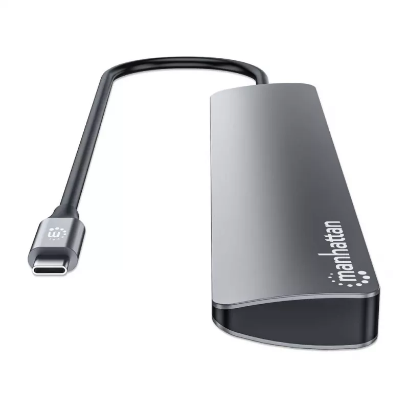 Manhattan USB-C dokas / šakotuvas, prievadai (7 vnt.): USB-A (3 vnt.) ir USB-C (4 vnt.), su Power Delivery (PD) 100 W – reikalingas išorinis USB-C įkroviklis (nepridedamas). Maitinamas per USB (nereikia išorinio maitinimo šaltinio), kai PD nenaudojamas, aliuminis