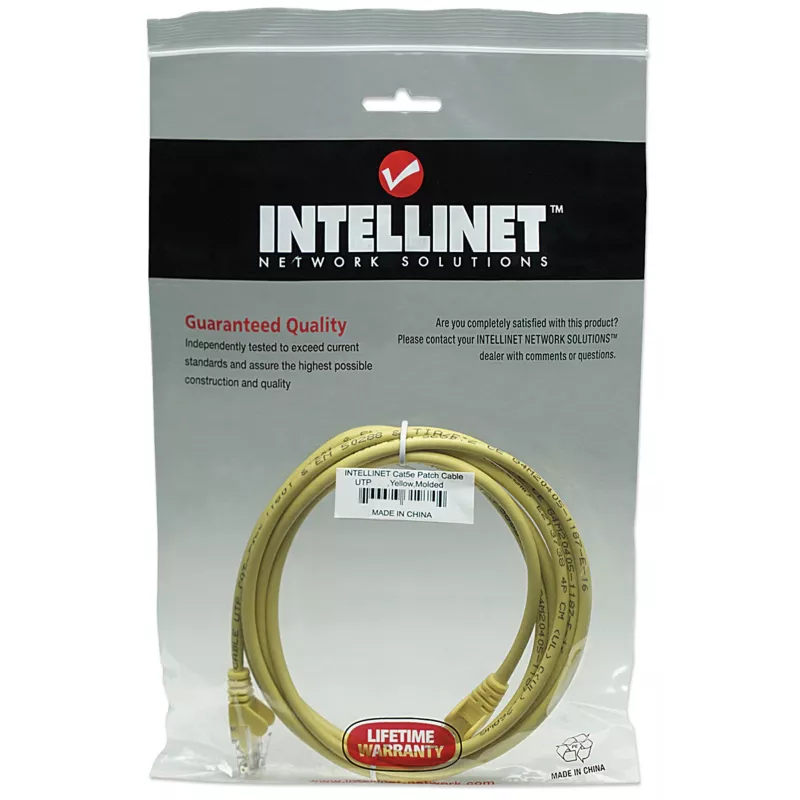 “Intellinet” tinklo kabelis, Cat5e, 1 m, geltonas, CCA, U/UTP, PVC, RJ45, paauksuoti kontaktai, bekliūvis, su apsauginiu gaubteliu, garantija visam eksploatavimo laikui