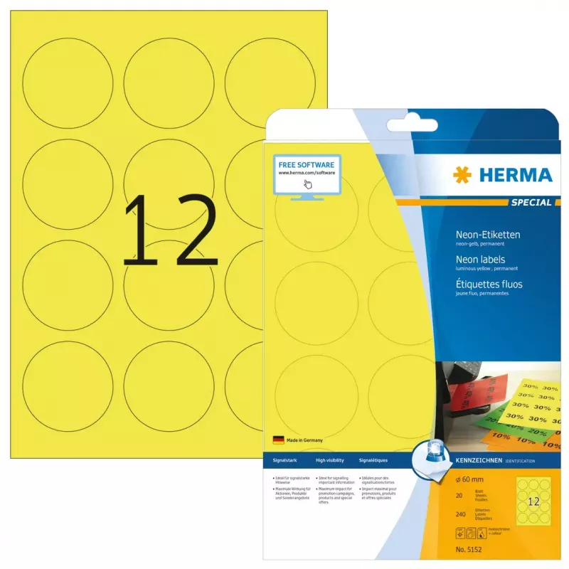 Lipnios etiketės HERMA Neon etiketės A4 Ø 60 mm apvalios šviečiančios geltonos 240 vnt.