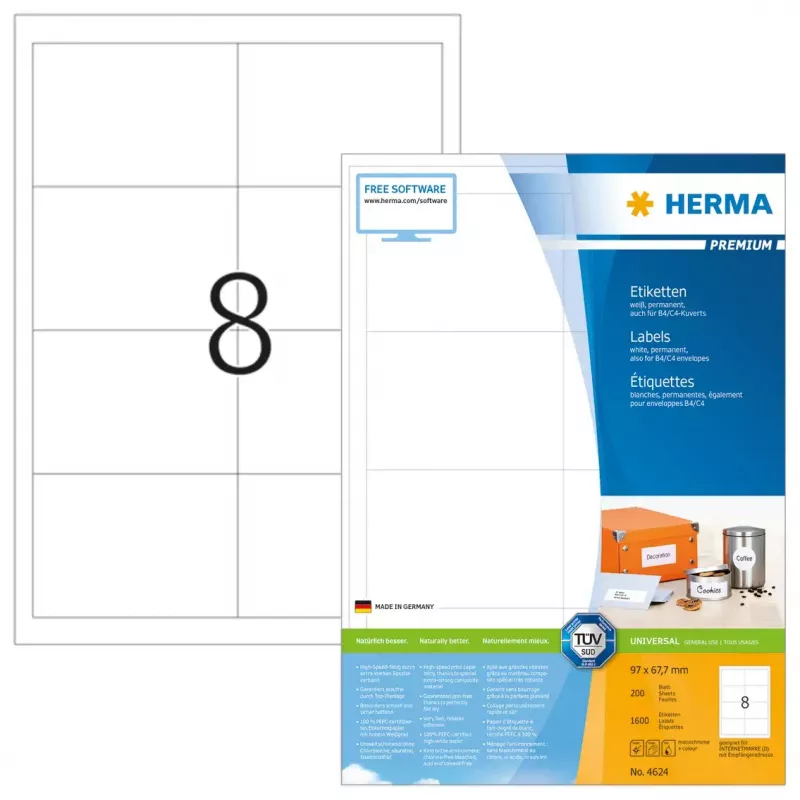 Etiketės HERMA Premium A4 97x67,7 mm baltos popierinės matinės 1600 vnt.