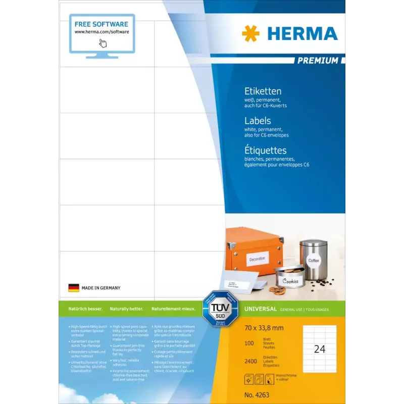 Lipnios spausdintuvo etiketės HERMA Premium A4 70x33,8 mm 2400 vnt.