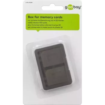 Atminties kortelių laikymo dėžutė GOOBAY 95349 — talpina 4 korteles, suderinama su SD/MicroSD/MMC, pilka permatoma plastikinė