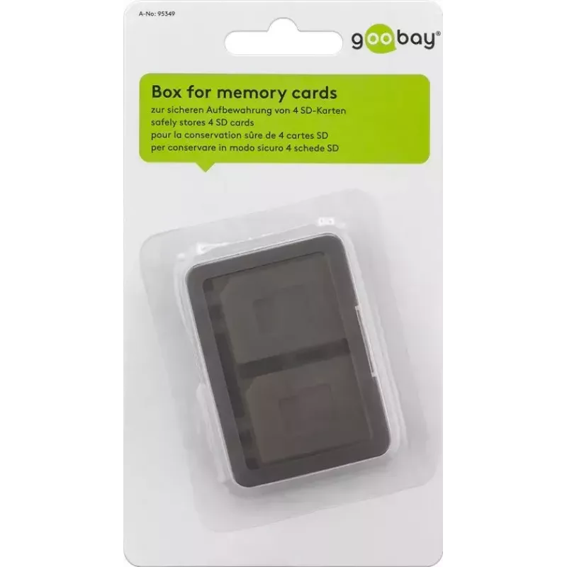 Atminties kortelių laikymo dėžutė GOOBAY 95349 — talpina 4 korteles, suderinama su SD/MicroSD/MMC, pilka permatoma plastikinė