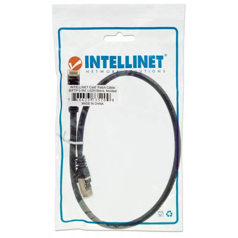 Intellinet tinklo komutacinis kabelis, Cat6, 0,5 m, juodas, varis, S/FTP, LSOH / LSZH, PVC, RJ45, paauksuoti kontaktai, nesikabinantis, su apvalkalu, garantija visam tarnavimo laikui